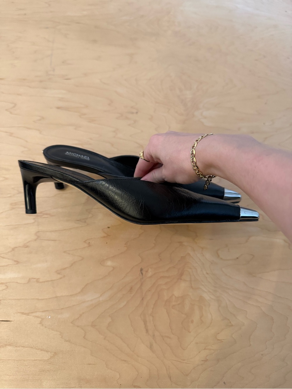 Michael Kors Black Leather Pointed Toe Mules with Silver Toe Cap